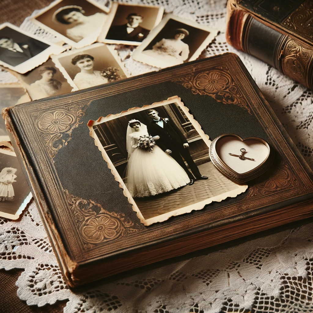 Wedding Photography UK Wide DALL·E 2023 11 03 11.08.43 Photo of an antique wedding album resting on a vintage lace tablecloth with black and white photos visible on its aged pages. Nearby a current color
