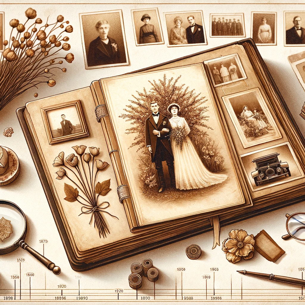 Wedding Photography UK Wide DALL·E 2023 11 03 11.08.45 Illustration of a well preserved wedding album open to a page with a sepia toned photograph surrounded by other mementos like a dried bouquet and a d