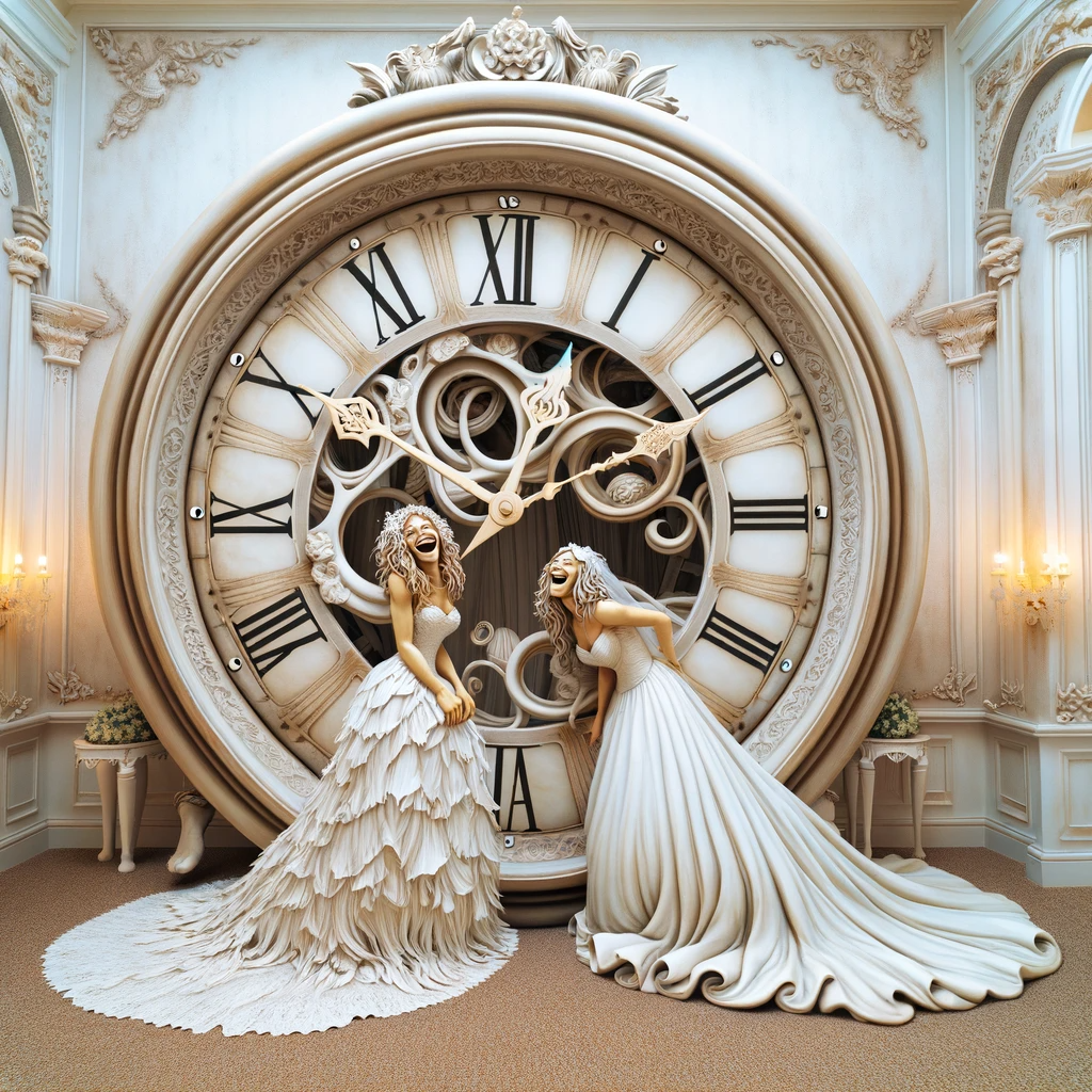 Wedding Photography UK Wide Choosing a Wedding Photographer - Price versus Value 2 Wedding Photography UK Wide DALL·E 2023 11 19 21.13.51 An imaginative and surreal scene featuring a large ornate clock. In front of the clock there are two brides dressed in beautiful wedding gowns lau