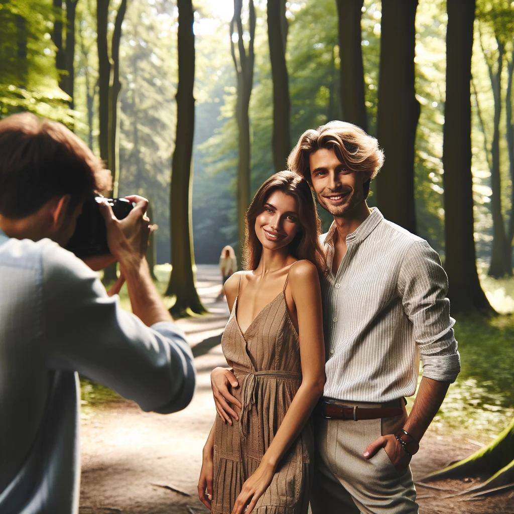 Wedding Photography UK Wide Choosing a Wedding Photographer - Price versus Value 3 Wedding Photography UK Wide DALL·E 2023 11 19 21.16.12 A man and a woman having their photograph taken in a wooded area. The scene is serene and natural with tall trees and dappled sunlight filtering thro