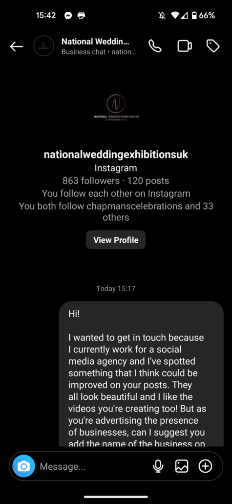 Wedding Photography UK Wide Communications, Social Media, Contracts And Refunds 2 National Wedding Exhibitions UK Instagram Branded Content messages