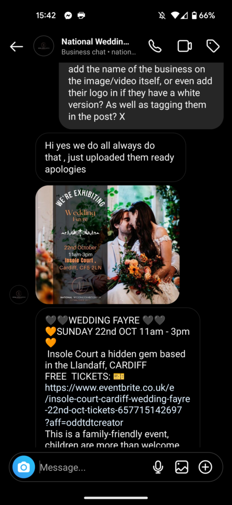 Wedding Photography UK Wide Communications, Social Media, Contracts And Refunds 3 National Wedding Exhibitions UK Instagram Branded Content messages