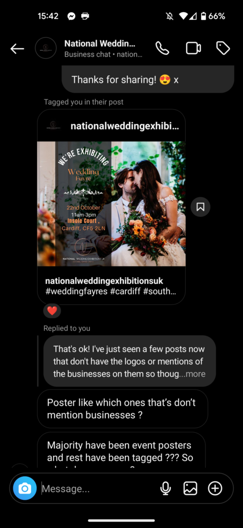 Wedding Photography UK Wide Communications, Social Media, Contracts And Refunds 5 National Wedding Exhibitions UK Instagram Branded Content messages