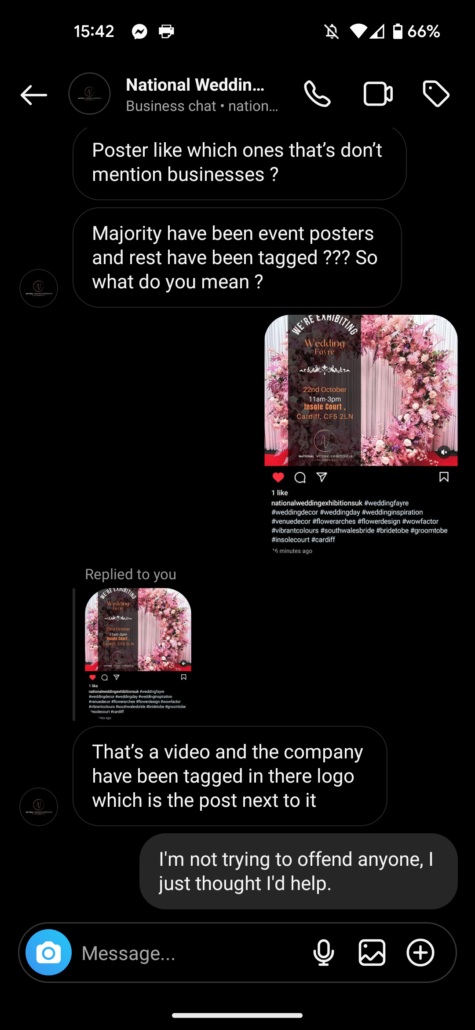 Wedding Photography UK Wide Communications, Social Media, Contracts And Refunds 6 National Wedding Exhibitions UK Instagram Branded Content messages